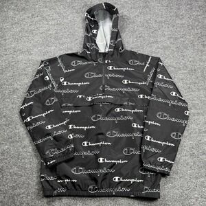 Champion Windbreaker Mens L Black Script Logo All Over Print Anorak Jacket